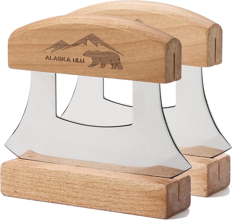 WiuCYS Alaskan Ulu Knives Pizza Cutter Chopper Slicer for Salad Vegetables Meat Chopping Mincing with Wooden Stand Arthritic Tool 5x4in (2) - Image 1